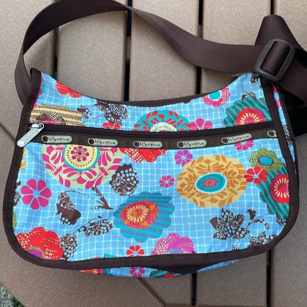 LeSportsac Classic Hobo Blue Brown Floral Bag Purse Crossbody